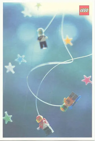 Postcard - Lego Art Project 2000 - 014 - 3 Space Minifigures Hanging by Lines with Stars