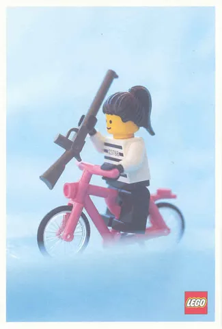 Postcard - Lego Art Project 2002 - 021 - Minifigure on Pink Bicycle with Rifle