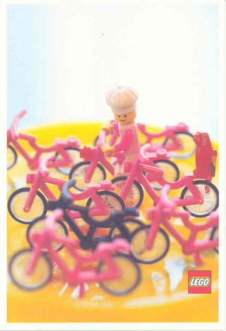 Postcard - Lego Art Project 2002 - 026 - Cook Minifigure and Red Parrot with 8 Bicycles