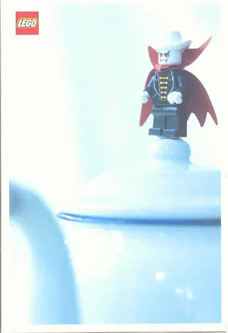 Postcard - Lego Art Project 2002 - 031 - Dracula Minifigure on Top of Container Lid