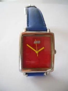 Watch Set, Classic LEGO - Stainless Steel Red Face and Blue Leather Strap