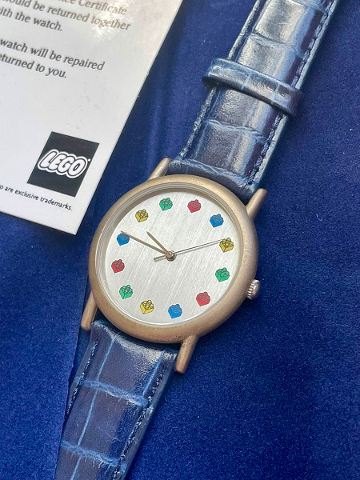 Watch Set, Classic LEGO - Stainless Steel Face with Bricks Pattern and Blue Leather Strap