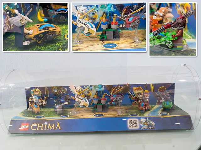 Display Assembled Set, Legends of Chima Sets 70108, 70109, 70114, 70111 and 70112 in Plastic Case with mounts