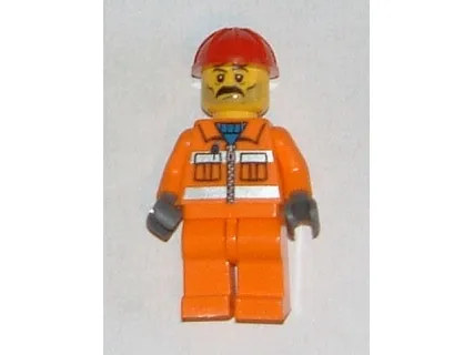 Magnet, Minifigure City Construction Worker - Orange Zipper, Safety Stripes, Orange Arms, Orange Legs, Red Construction Helmet, Moustache and Stubble
