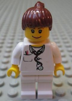 Magnet, Minifigure City Doctor - Lab Coat Stethoscope and Thermometer, White Legs, Reddish Brown Female Ponytail Hair