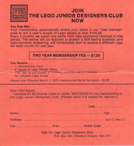 Membership Application Form for LEGO Junior Designers Club Canada 1974