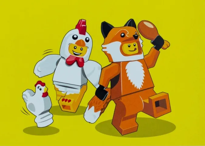 Postcard - Kinderpostzegels 2023 - Costumed Minifigures Fox and Chicken