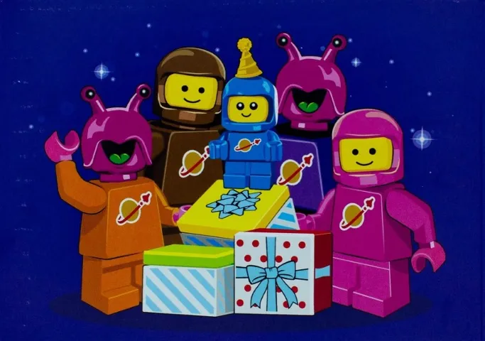 Postcard - Kinderpostzegels 2023 - 5 Space Minifigures with Gifts / Presents