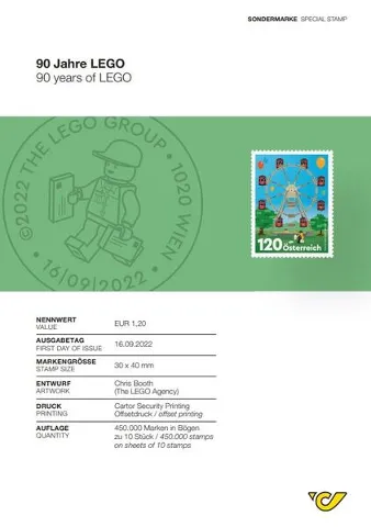 LEGO Stamp Austria 2022 - 90 Years of LEGO (Information Card with Stamp Included)