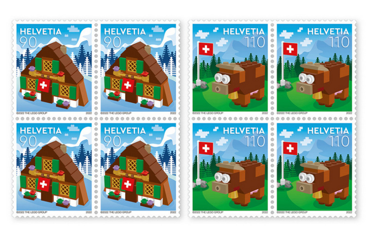 LEGO Stamp Switzerland 2022 - Chalet and Cow (Set of 2 Sheets of 4)