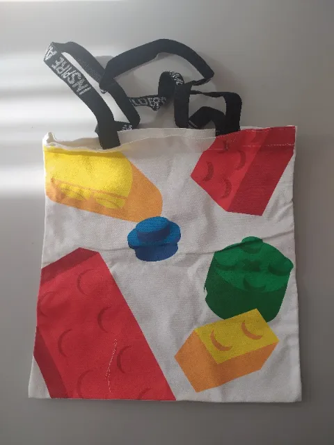 Tote Bag, Blue, Green, Red, and Yellow Bricks, LEGO Logo on Reverse Pattern