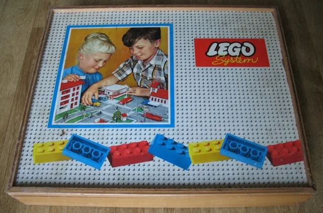 Wooden Storage Box Large Rectangular with Sliding Top with Blond Haired Girl and Brown Haired Boy Pattern