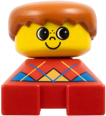 Duplo 2 x 2 x 2 Figure Brick, Red Base with Blue Argyle Sweater Pattern, Yellow Head with Freckles on Nose, Dark Orange Male Hair