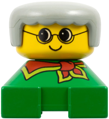 Duplo 2 x 2 x 2 Figure Brick, Grandmother, Green Base, Gray Hair, Yellow Face