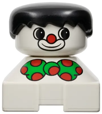 Duplo 2 x 2 x 2 Figure Brick, Clown, White Base, Green Bow with Red Dots, Black Hair, White Face with Red Nose