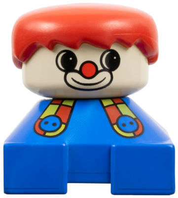 Duplo 2 x 2 x 2 Figure Brick, Clown, Blue Base with Button Suspenders, White Head, Red Male Hair