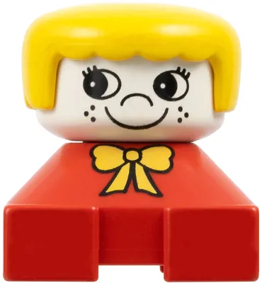 Duplo 2 x 2 x 2 Figure Brick, Red Base with Yellow Bow, White Head with Eyelashes and Freckles, Yellow Hair