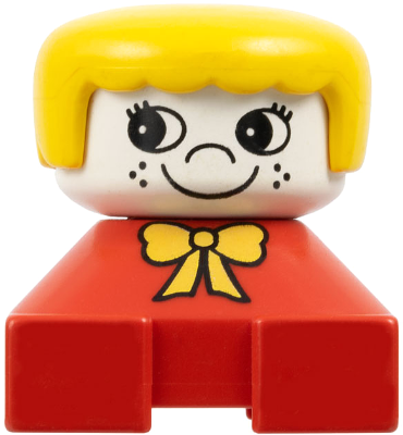 Duplo 2 x 2 x 2 Figure Brick, Red Base with Yellow Bow, White Head with Eyelashes and Freckles, Yellow Hair