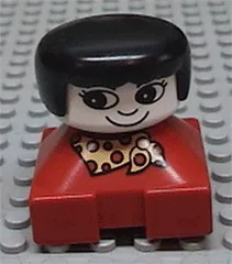 Duplo 2 x 2 x 2 Figure Brick, Red Base With Yellow and Red Polka Dot Scarf, White Face with Eyelashes, Black Female Hair