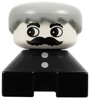 Duplo 2 x 2 x 2 Figure Brick, Black Base with Two Buttons, Gray Hair, White Face with Moustache