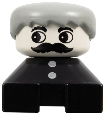Duplo 2 x 2 x 2 Figure Brick, Black Base with Two Buttons, Gray Hair, White Face with Moustache