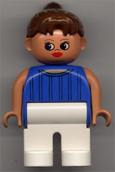 Duplo Figure, Female, White Legs, Blue Striped Top, Nougat Arms, Ponytail