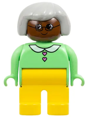 Duplo Figure - Female, Adult Woman, Yellow Legs, Medium Green Top with Collar and Heart Buttons Pattern, Light Gray Hair, Brown Head (75506)