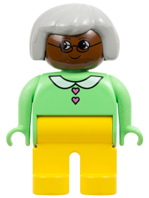 Duplo Figure - Female, Adult Woman, Yellow Legs, Medium Green Top with Collar and Heart Buttons Pattern, Light Gray Hair, Brown Head (75506)