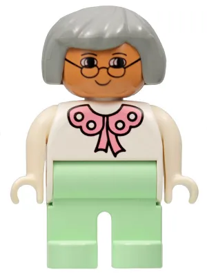 Duplo Figure, Female, Light Green Legs, White Blouse, Gray Hair, Glasses