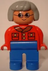 Duplo Figure, Female, Blue Legs, Red Jacket, Light Gray Hair, Glasses