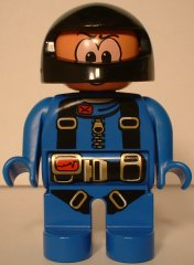 Duplo Figure, Male Action Wheeler, Blue Racing Suit with Harness Straps, Black Racing Helmet (4141891)