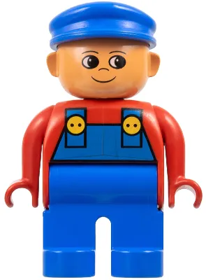 Duplo Figure, Male, Blue Legs, Red Top with Blue Overalls, Blue Cap, Turned Up Nose