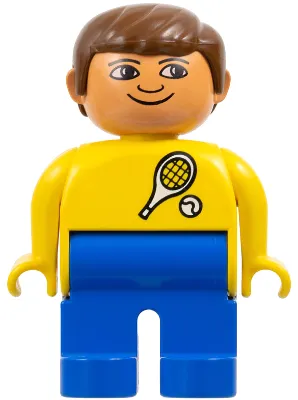 Duplo Figure, Male, Blue Legs, Yellow Top with Tennis Racket and Ball Pattern, Brown Hair