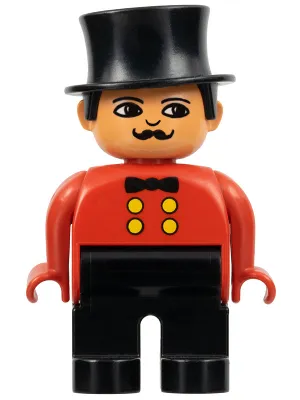 Duplo Figure, Male, Black Legs, Red Top, Top Hat (Circus Ringmaster)