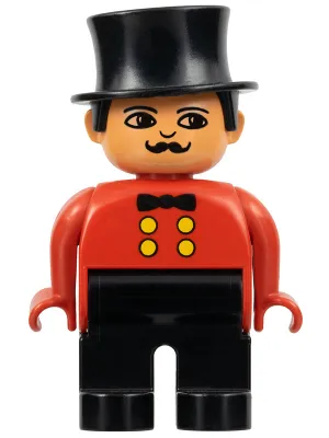 Duplo Figure, Male, Black Legs, Red Top, Top Hat, no White in Eyes Pattern (Circus Ringmaster)