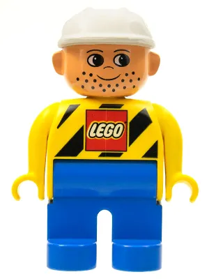 Duplo Figure, Male, Blue Legs, Yellow Top with LEGO Logo on Black Danger Stripes, White Construction Hat (4120077)