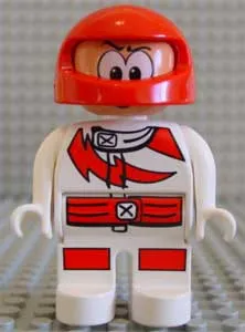 Duplo Figure, Male Action Wheeler, White Legs, White Top with Racer Red Lightning Bolt and Lines, Red Helmet with Large Eyes (4141889)