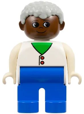 Duplo Figure - Male, Adult Man, Blue Legs, White Top with Buttons over Shirt Pattern, Light Gray Hair, Brown Head (75505)