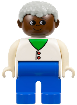 Duplo Figure - Male, Adult Man, Blue Legs, White Top with Buttons over Shirt Pattern, Light Gray Hair, Brown Head (75505)