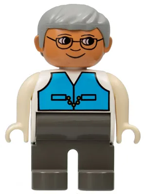 Duplo Figure, Male, Dark Gray Legs, Medium Blue Vest, Gray Hair, Glasses