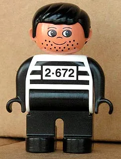 Duplo Figure, Male, Black Legs, White Top with 2-672 Number on Chest, Black Hair, Black Hands, Stubble (Jailbreak Joe)