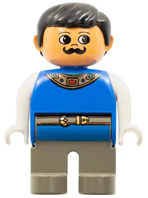 Duplo Figure, Male, Dark Gray Legs, Blue Top with Gold Necklace and Belt, Moustache (4171807)