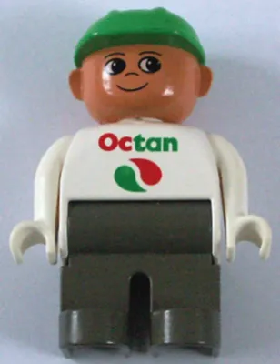 Duplo Figure, Male, Dark Gray Legs, White Top with Octan Logo, Green Helmet (4143720)