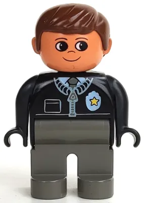 Duplo Figure, Male Police, Dark Gray Legs, Black Top with Zipper, Tie and Badge, Brown Hair