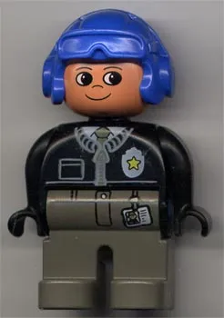 Duplo Figure, Male Police, Dark Gray Legs, Black Top with Zipper, Tie and Badge, Blue Aviator Helmet