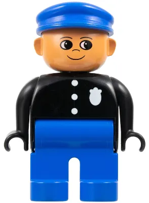 Duplo Figure, Police Officer - Male, Adult Man, Blue Legs, Black Top with Buttons and Badge Pattern, Blue Hat, Nougat Head with Turned Up Nose (75516)