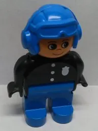 Duplo Figure, Male Police, Blue Legs, Black Top with 3 Buttons and Badge, Blue Aviator Helmet and Nose Bow Line Down