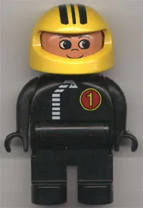 Duplo Figure, Male, Black Legs, Black Top with White Zipper and Racer #1, Yellow Helmet with Black Stripes