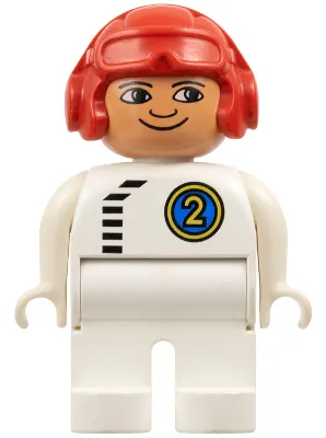 Duplo Figure, Male, White Legs, White Top with Black Zipper and Racer #2, Red Aviator Helmet