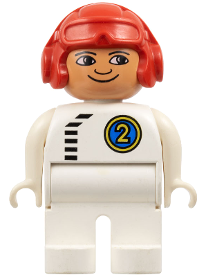 Duplo Figure, Male, White Legs, White Top with Black Zipper and Racer #2, Red Aviator Helmet